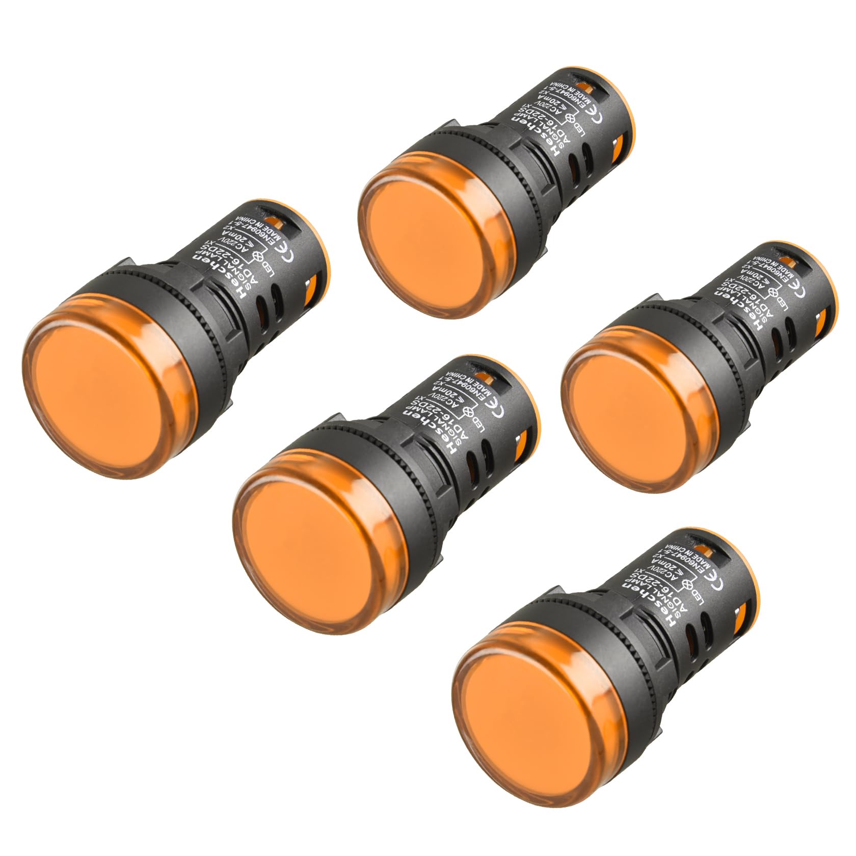 Heschen Yellow 22Mm Led Indicator Pilot Light, Ad16-22D/S, 220Vac 20Ma, Light Colour, 5Pack