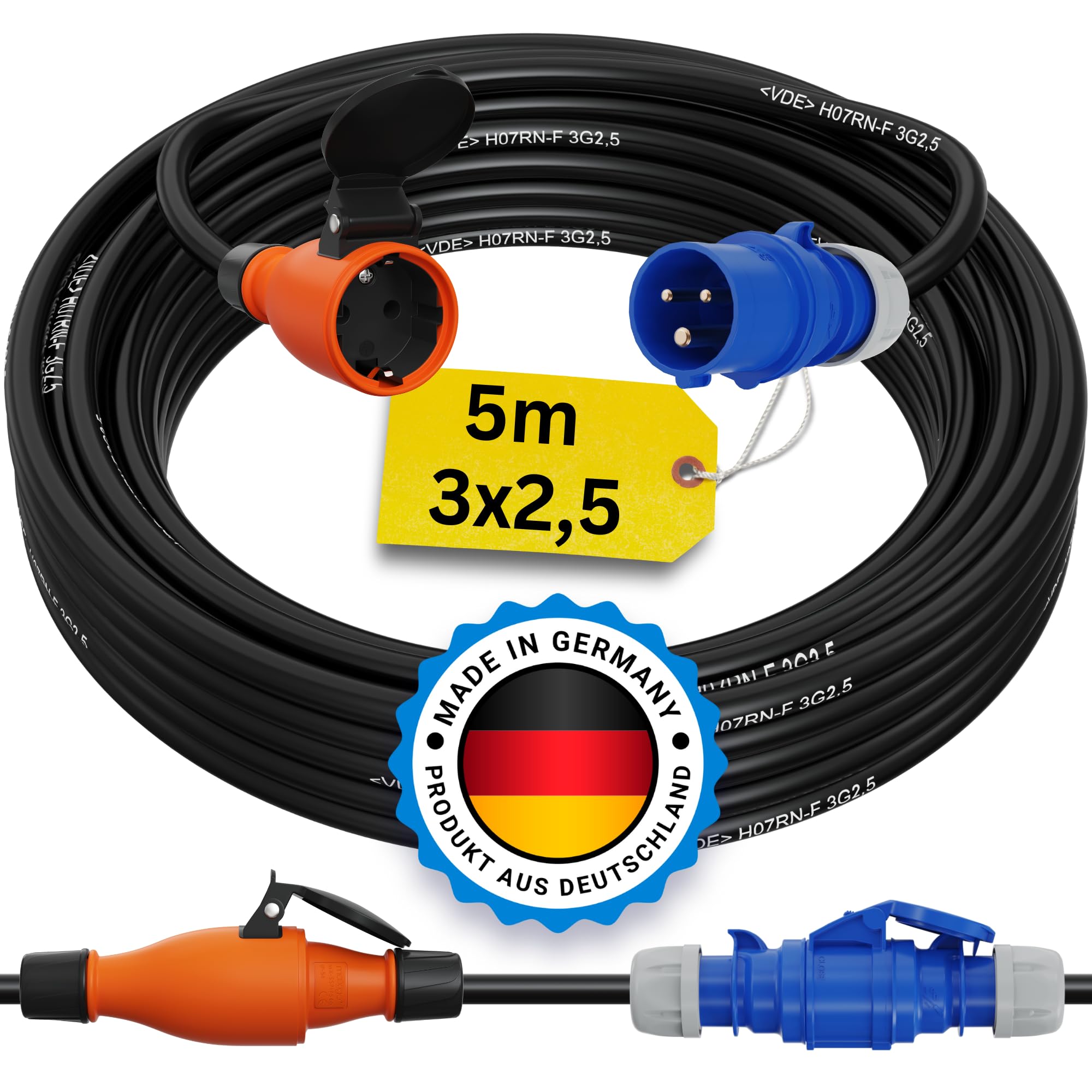 CEE auf Schuko Adapter 5m Camping Stromkabel PCE H07RN-F 3x2,5 Landstromkabel Wohnmobil Wohnwagen Kabel Camping Adapter 5 Meter Strom Verlängerungskabel CEE-Stecker Campingstecker