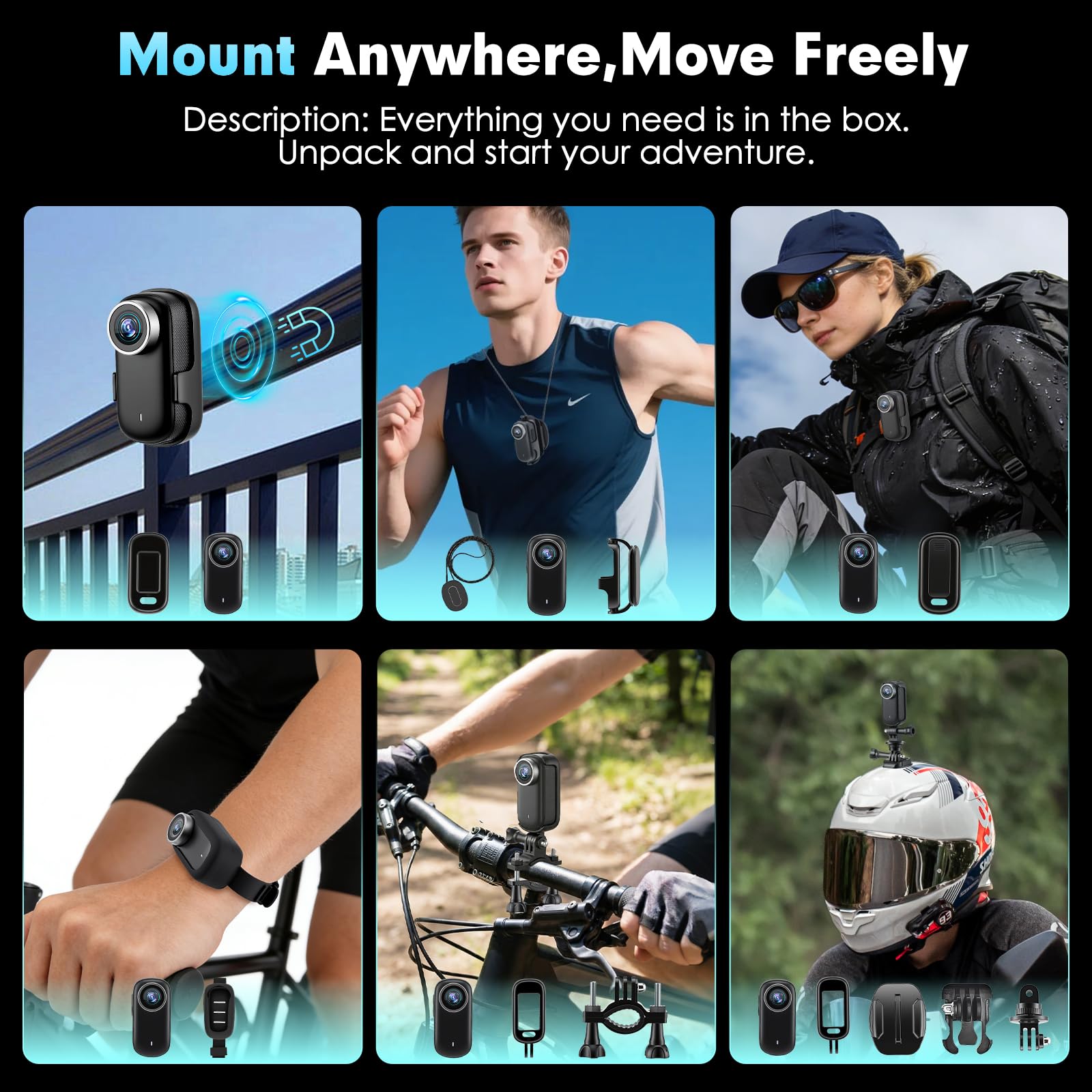 Action Cam a 360° con touch screen e batteria di 8 ore, impermeabile fino a 30 m con alloggiamento, fotocamera POV grandangolare 120° con 10+ accessori per ciclismo, viaggi, sport, inclusa scheda TF