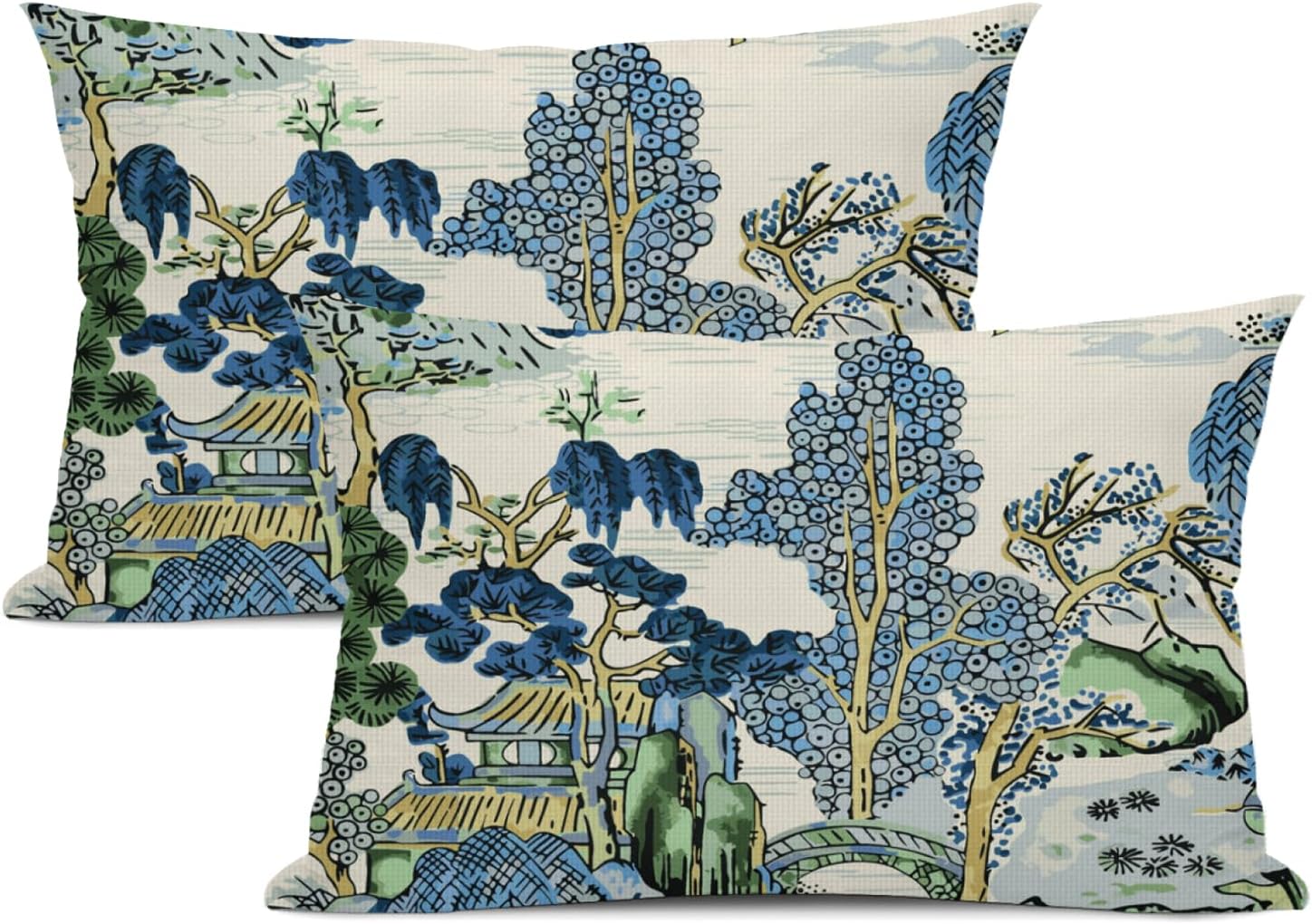 Chinoiserie Lumbar Pillow Covers 12 x 20 Set of 2 Asian Scenic Polyester Throw Pillow Cover Vintage Blue and Green Farmhouse Decorative Pillowcases for Living Room Couch Bed Sofa Outdoor