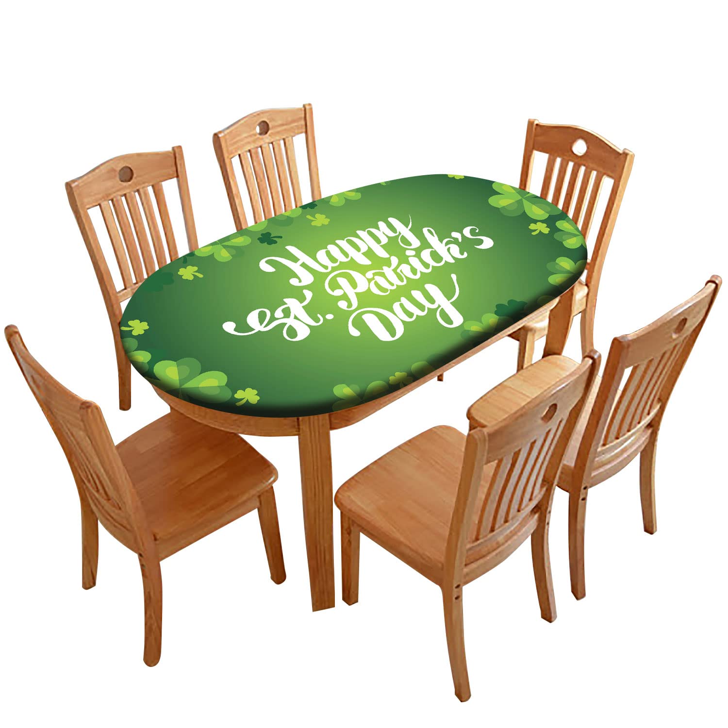 Happy St, Patrick's Day Oval Fitted Table Cloths, Green Clover Leaves Pattern Print Polyester Tablecloth, 42x60 Inch, Elastic Edged Oblong Fitted