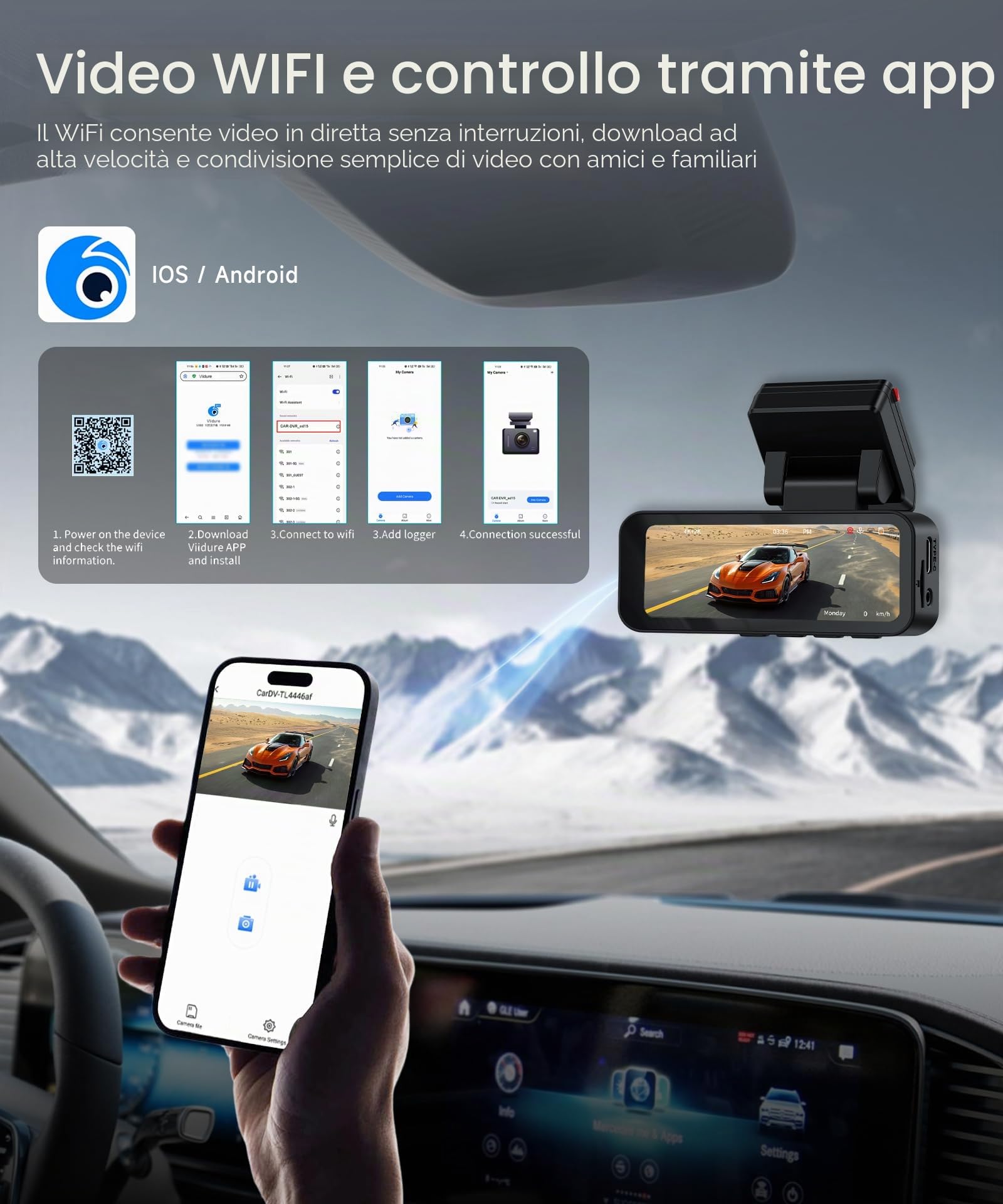 Rimoody 4K 2 Canali WIFI Dashcam Auto, 4K+2K Telecamera Anteriore e Posteriore, 3" Dash Cam con GPS/WIFI & APP Controllo/ADAS & BSD & LCA/Visione Notturna/G-Sensore/Loop Video/24H Parcheggio Monitor