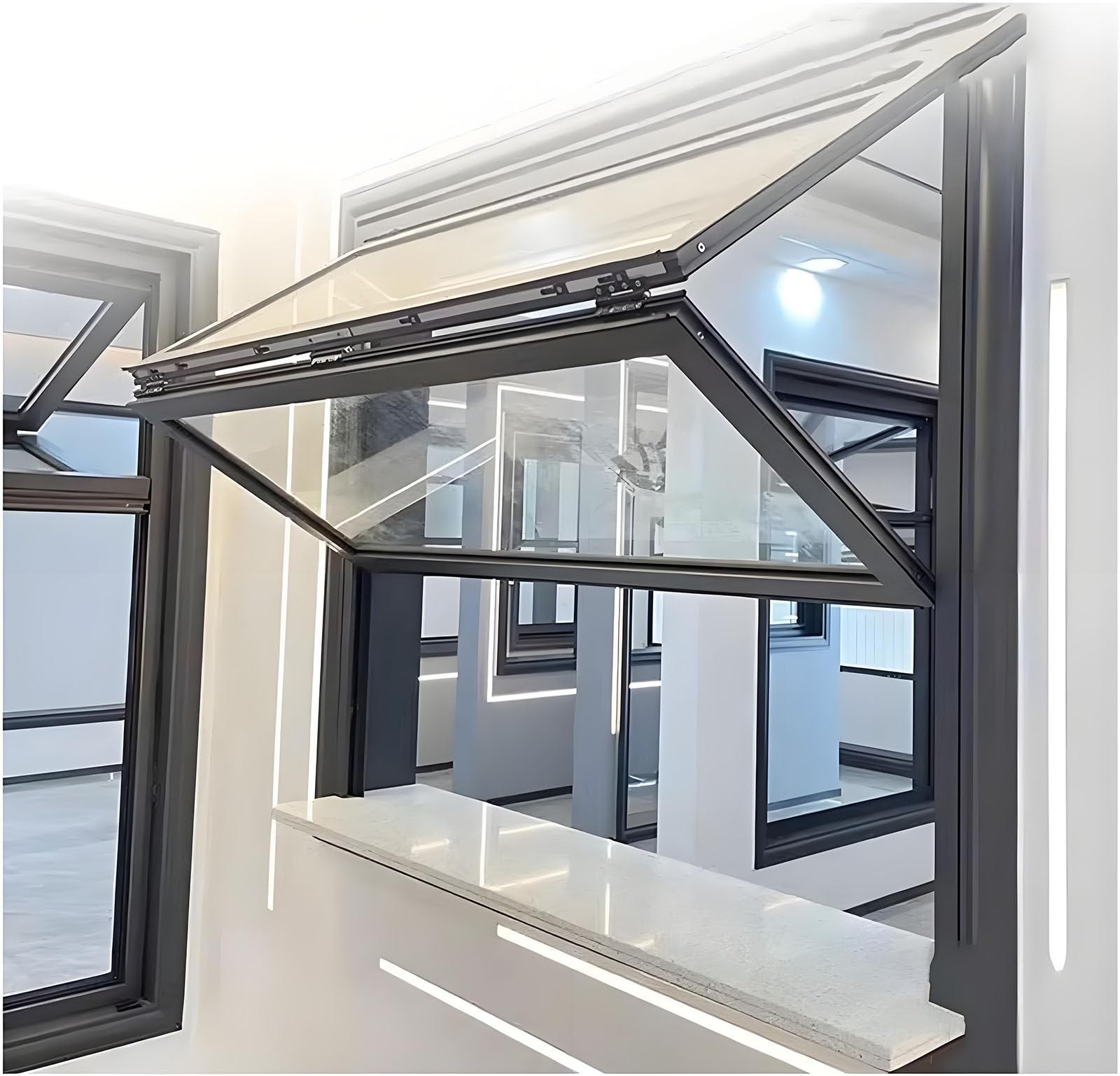 Ventana corredera Plegable con Cristal y cerraduras, diseño de Doble Hoja para Food Trucks y Tiendas móviles.