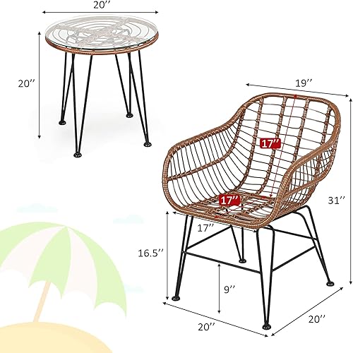 Miniatura 41 de Tangkula 3 Pieces Patio Bistro Set, Rattan Conversation Set with 2 Cushioned Armchairs & Round Glass Coffee Table, Indoor Outdoor Wicker Furniture
