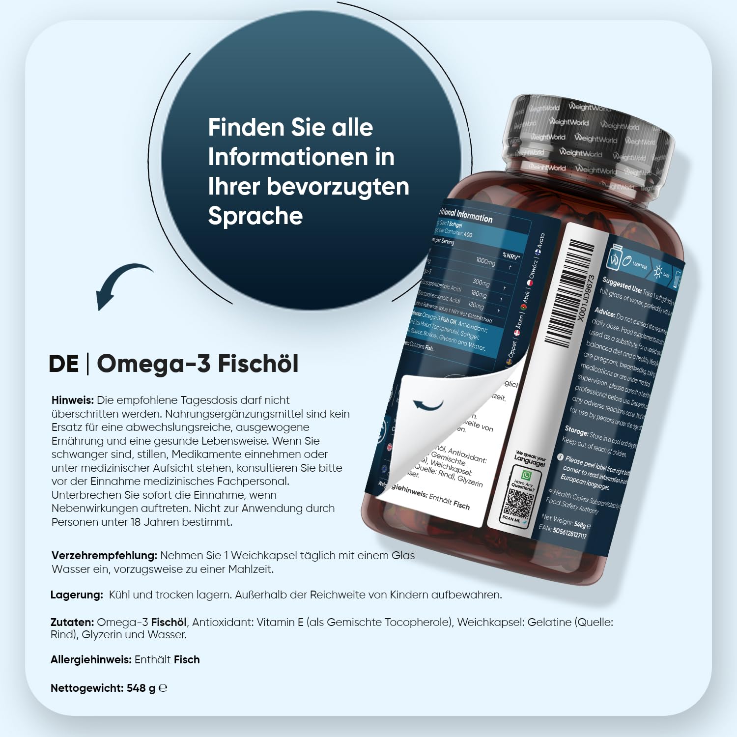 Omega 3 Kapseln - 400 Weichkapseln - 1+ Jahr Vorrat - IFOS Zertifiziert - 1000mg Fischöl pro WeichKapsel - Essentielle Omega 3 Fettsäuren mit EPA 180 mg, DHA 120mg - Fischöl Kapseln - WeightWorld
