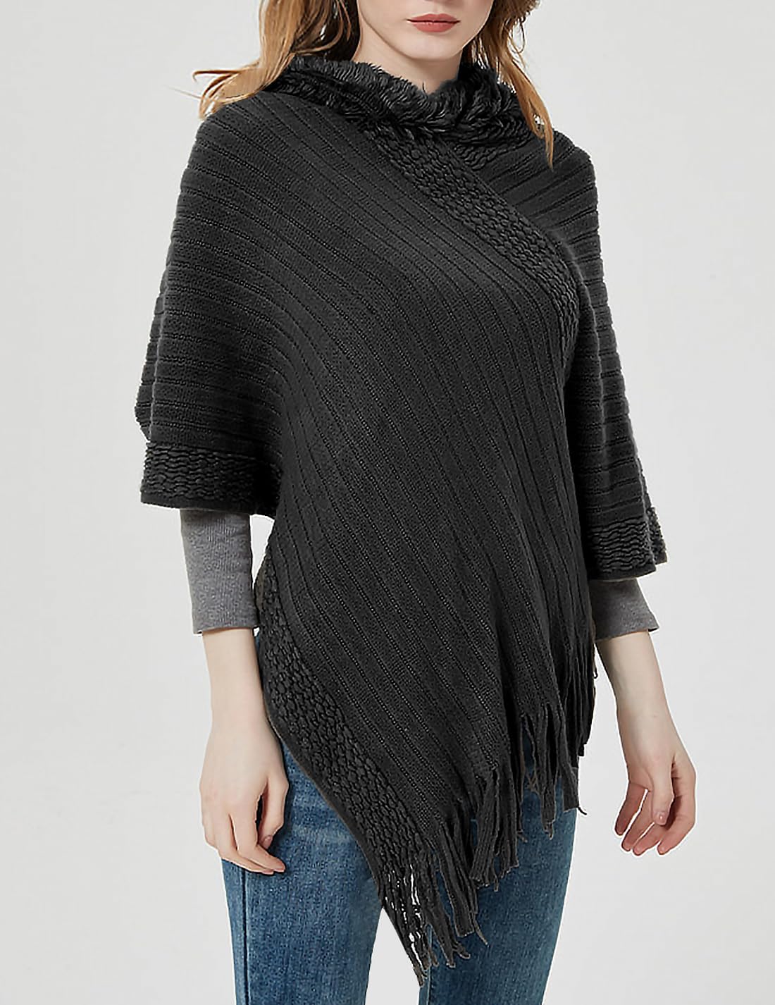 JFAN Poncho Mujer Invierno Otoño Poncho y Capa Punto para Mujer Pompón Gorro Poncho de Punto Flecos Felpa con Capucha