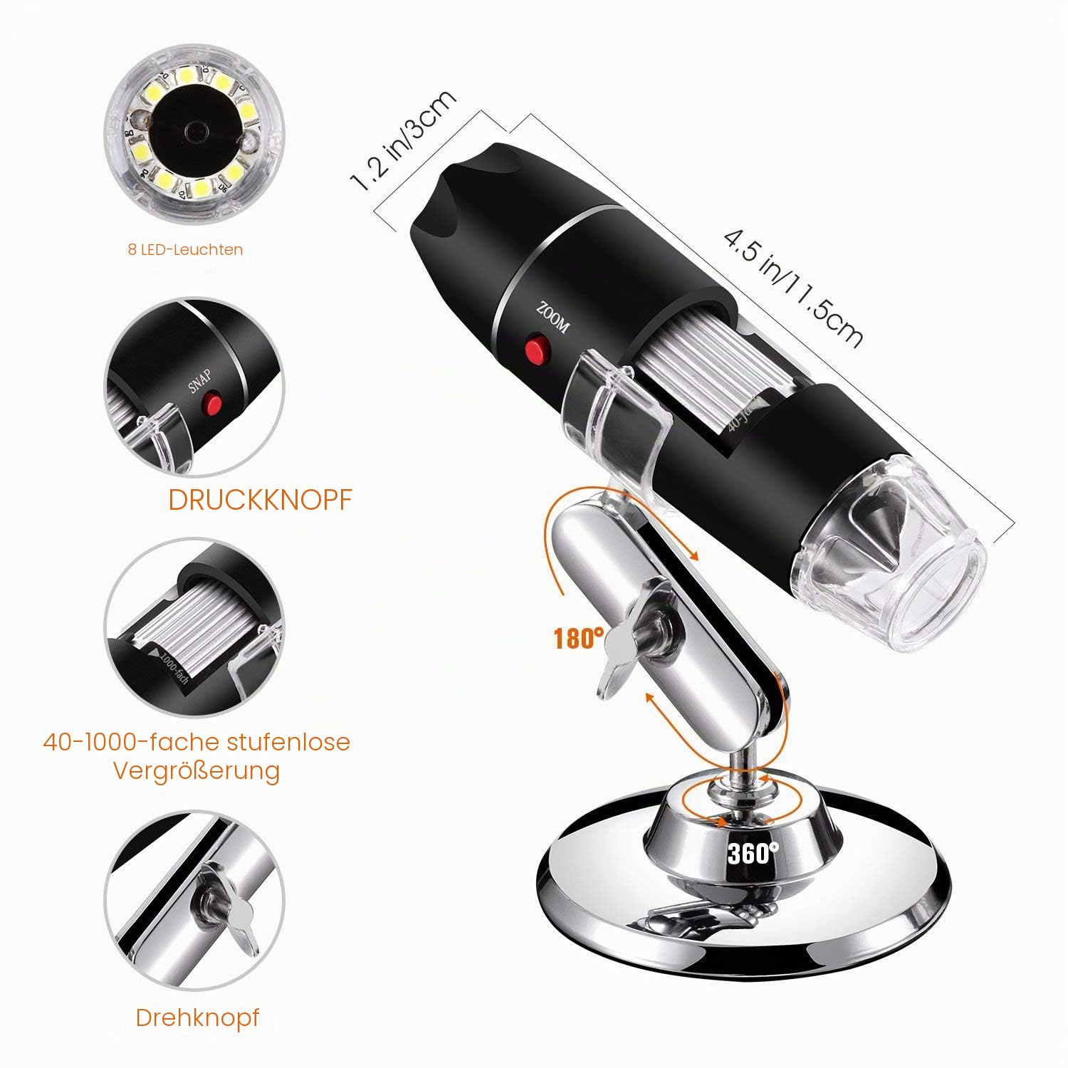 Jiusion 40 – 1000X vergroting endoskop, 8pcs LED USB 2.0 Digitaal MiKrosKop, Mini Kamera met OTG Adapter en Metaal Standfunktion, kompatibel met Mac Windows 7 8 10 Android Linux