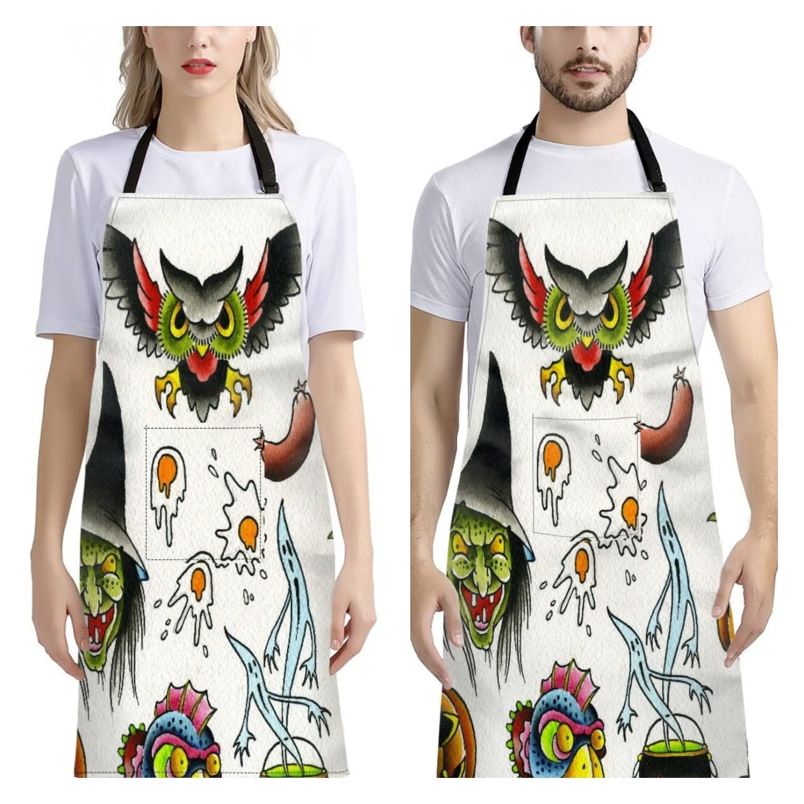 Dajingkj 2 Pack Aprons with Pockets Straps for Women Men Halloween Pumpkin Witch Bat Theme Adjustable Waterproof Long Apron for Cooking Baking Gardening Gifts for Grandma Mother Wife