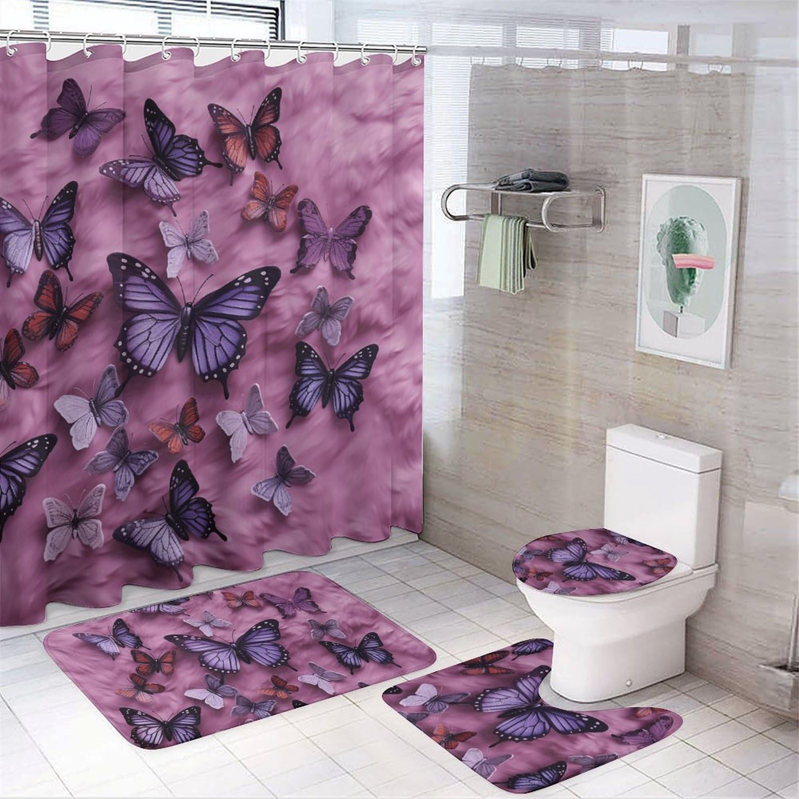 Tapis de bain en polaire corail violette et rideau étanche