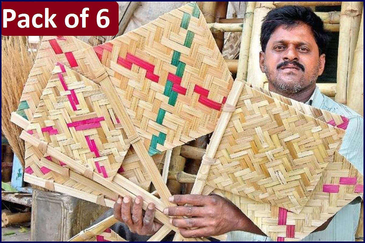 Hardia Bamboo Handicraft Handmade Natural Hand Fan Pankha Bena for Natural Cool Air Set of 6 (Multicolour) 4