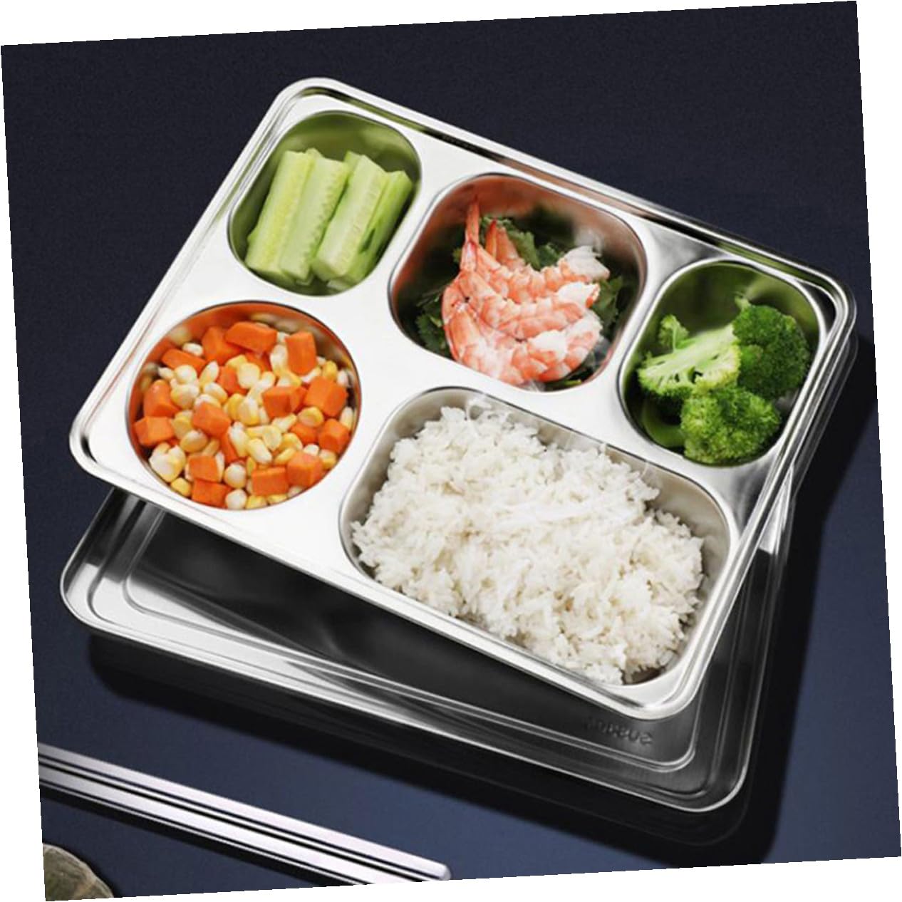 Plateau Divisé en Acier Inoxydable 3 Pièces, Assiette Compartimentée Rectangulaire Grosse Capacité, Métal Solide, Empilable, pour Adultes, Repas Quotidiens, École, Camping