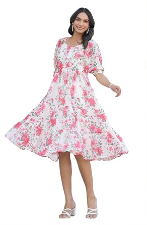 Janasya Womens Georgette Cream Floral Print Casual Wear Summer Dress for Women