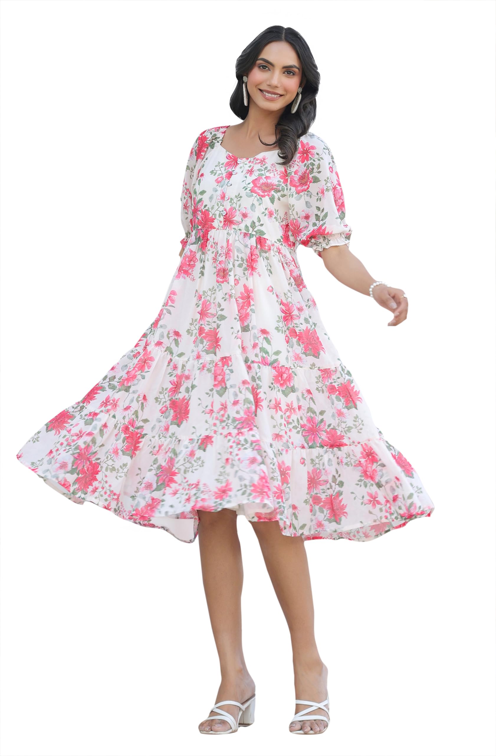 Janasya Women's Georgette Cream Floral Print Casual Wear Summer Dress for Women