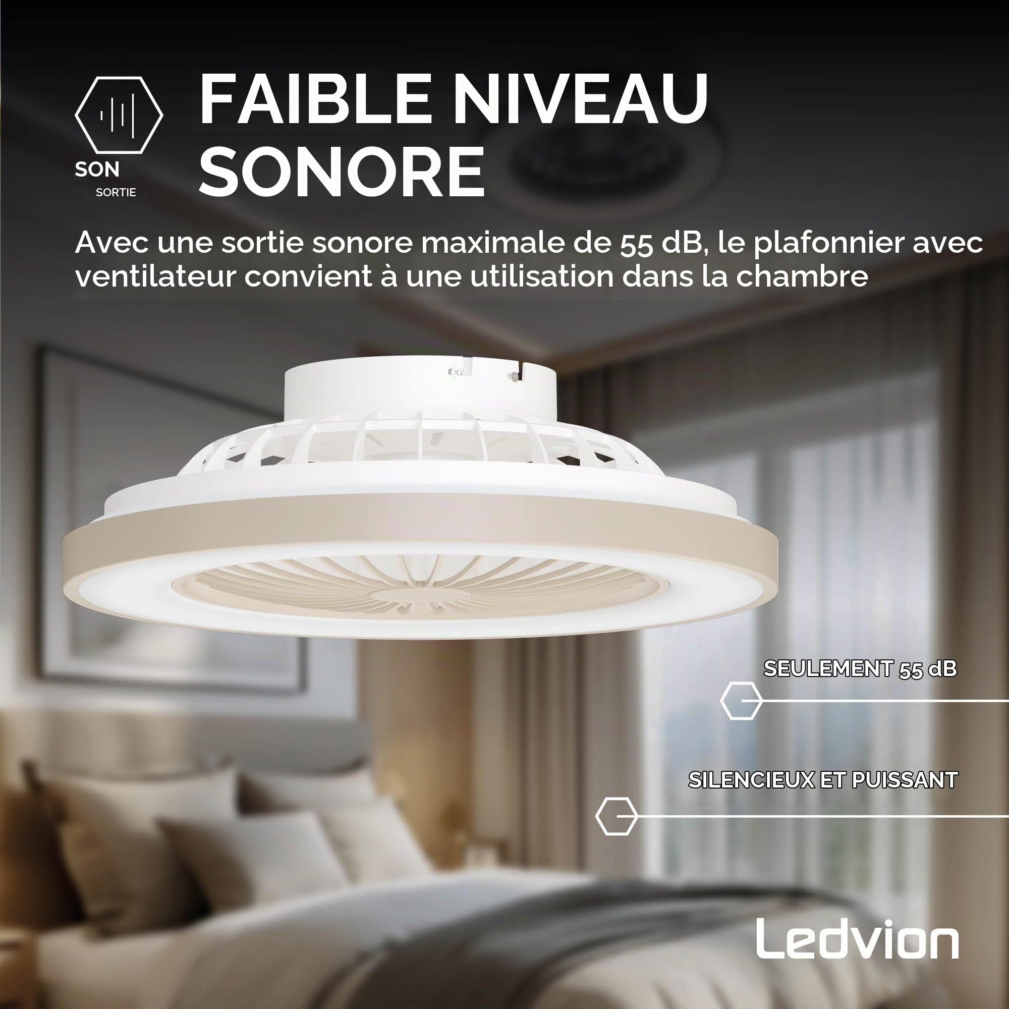 Ledvion - Ventilateur de Plafond avec Lumière, 49cm, Beige, 48W, 5200Lm, (2700k/4000K/6000K), 3 températures de couleur, 5 vitesses, Intensité variable, Télécommande, été-hiver, Ventilateur | Pour un mouvement d'air agréable dans le salon ou la chambre à