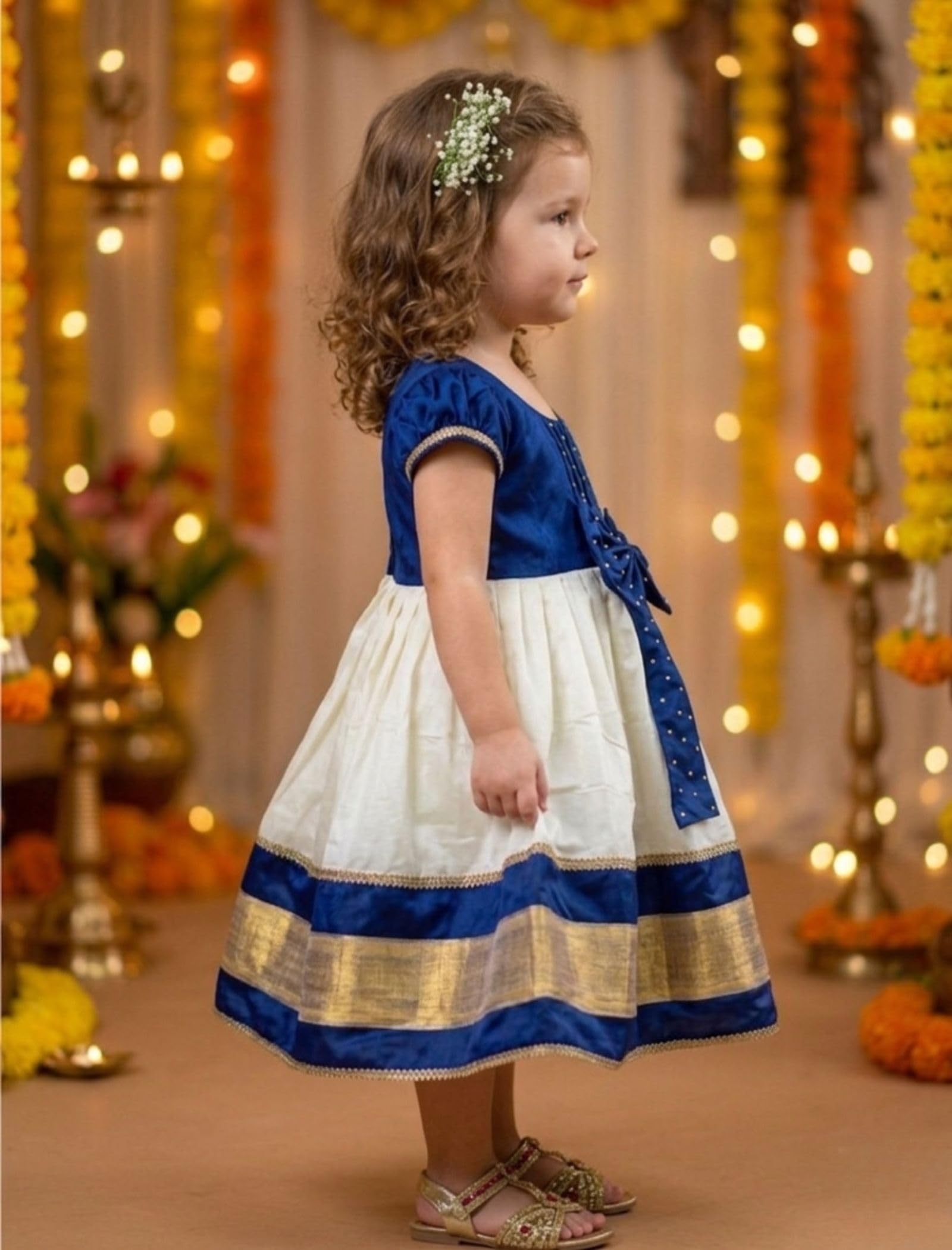 Angel f Studio Baby Girls Cotton Silk Midi/Knee Length Festive/Party/Wedding Pattu Dress Blue 2