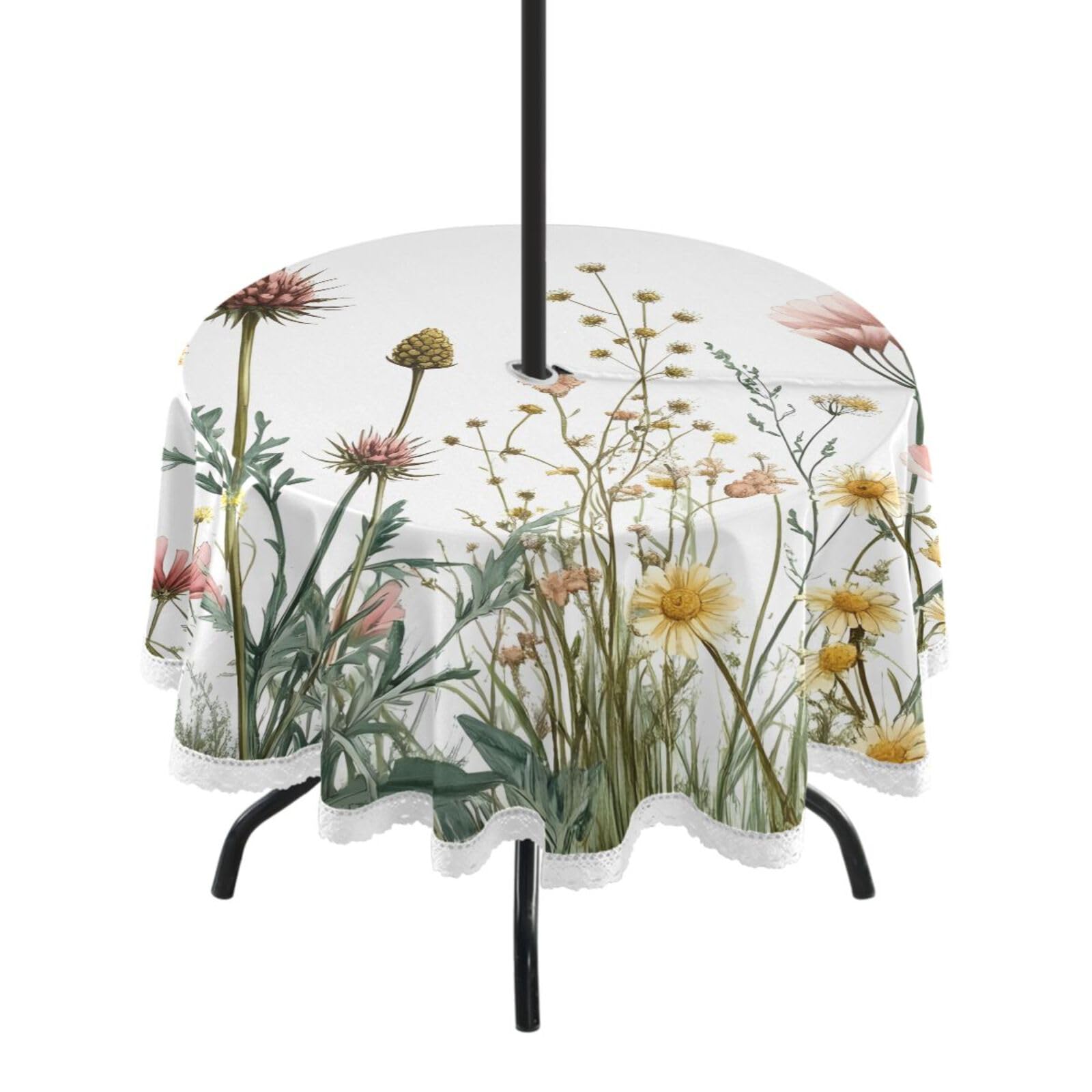 Ttgoth Wildflower Outdoor Table Cloth 152 cm Water Stain & Resistan Tablecloth Wipeable Table Cover with Parasol Hole & Zipper for Garden Patio Party Picnic
