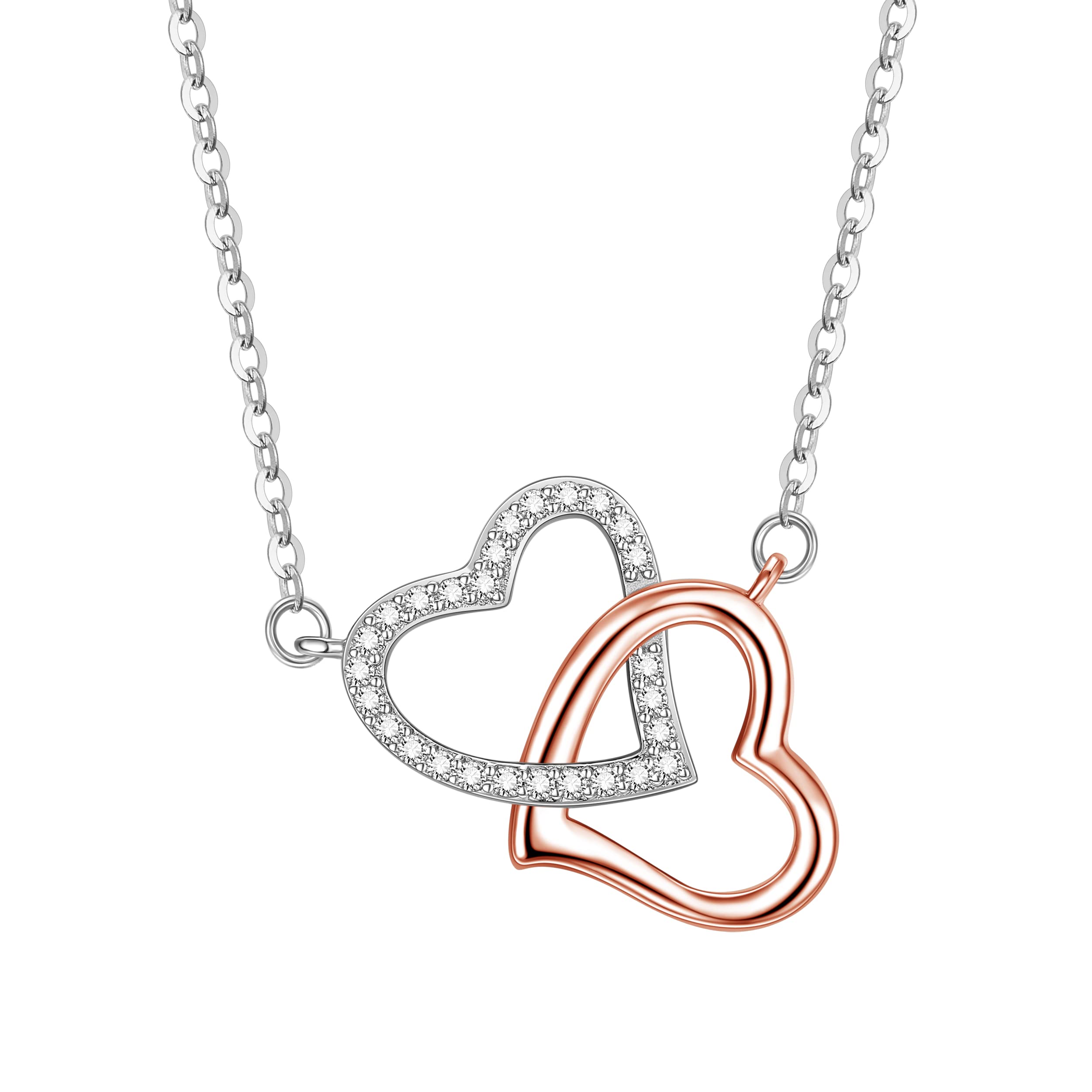 Collar de las Señoras de Plata Esterlina 925 Corazones Entrelazados Collar de las Señoras Colgante Para las Niñas las Mujeres con Caja de Joyería (plata y oro rosa)