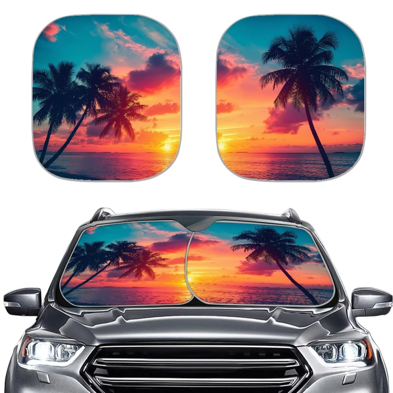 Aplkyhs Tropical Ocean Car Windshield Sunshade Foldbale Palm Trees Car Sun Shade for Front Window Keep Vehicle Cool