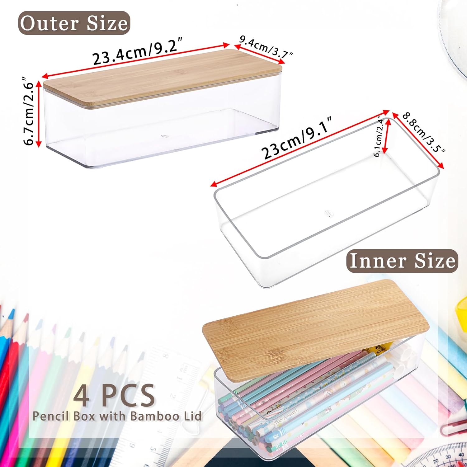 BTSKY 4 Pack Clear Pencil Box with Bamboo Lids, Stackable Office Supplies Storage Containers, Hard Plastic Pencil Case for Organizing Gel Pens Erasers Tape Pens Pencils Markers Crayons etc