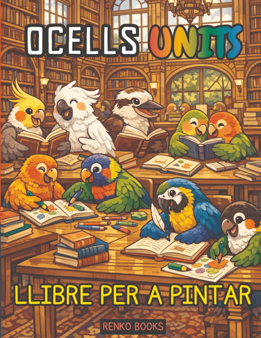 Ocells units: Un llibre per pintar inspirat en la natura per a totes les edats amb cockatiel, cockatoo, conure, lorikeet, kookaburra, lovebird, macaw, parakeet, rosella i caique