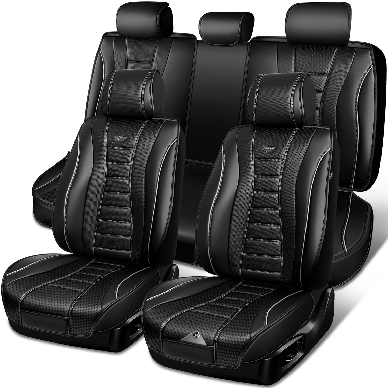 CAR PASS Universal Fit Piping Leather Seat Covers for Cars SUV Trucks, Waterproof Nappa Leather Car Seat Covers Full Set, 3D Foam Cushions Seat Cover Luxury&Comfort&Durable Airbag Compatible, Black