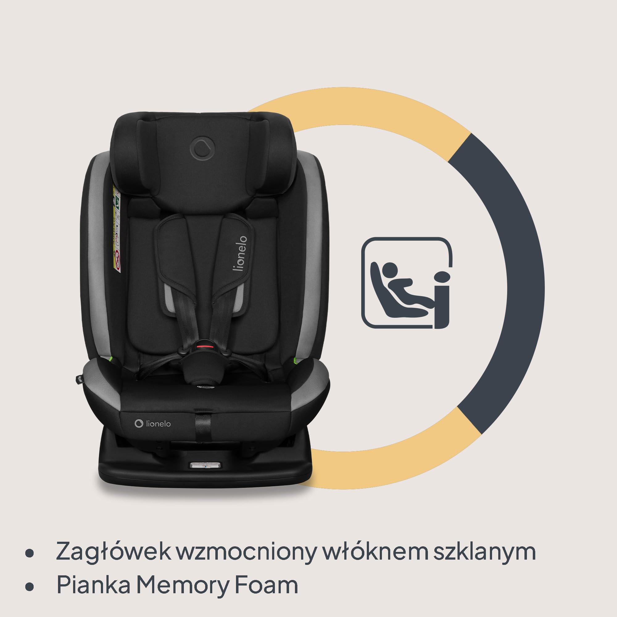 LIONELO AART I-SIZE Dziecięcy Fotelik Samochodowy 40-150 cm, Montaż Pasami Bezpieczeństwa, Regulacja Zagłówka i Pochylenia, Wkładka Lędźwiowa i Redukcyjna, Norma R129 i-Size (Szary)