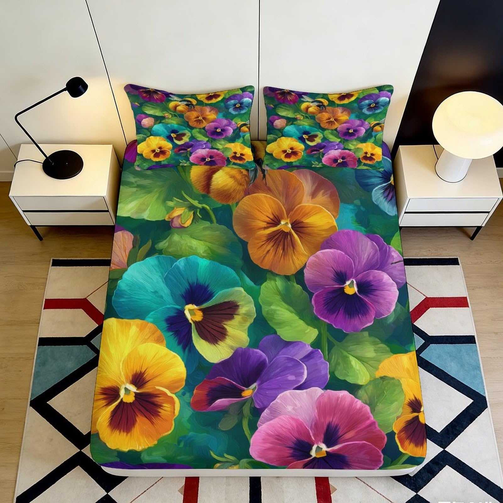 Vivid Decor 3D Printed Fitted Sheet Pansy Floral, Microfiber Soft Touch, Bed Cover for Bedroom, Guest Room, Easy Care, Apartment Bedding, 120x200cm 90x200x25cm