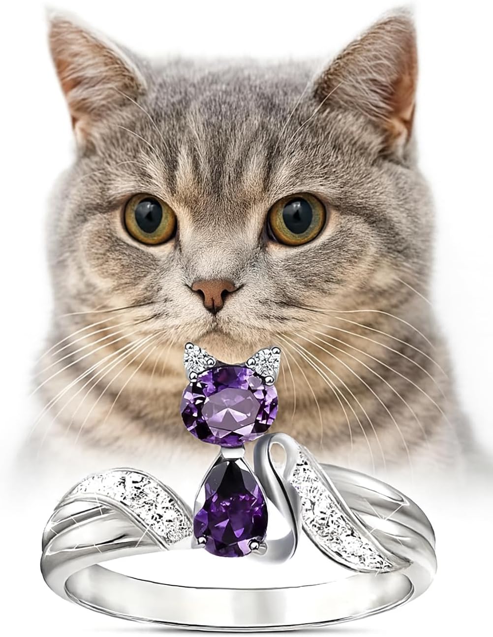 Stainless Steel Purple Crystal Cat Ring with Cubic Zirconia Accents - Glass Ring, Gift for Cat Lovers'