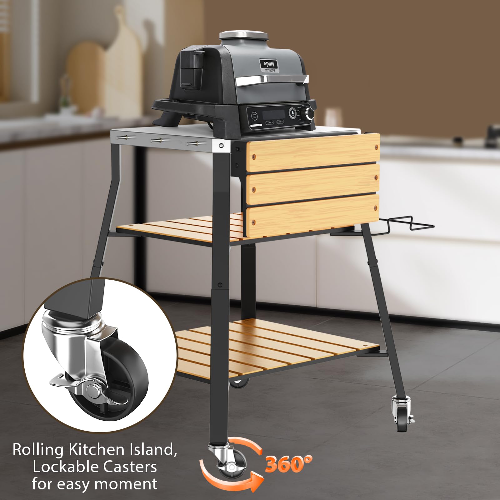 GFTIME Carro universal portátil para barbacoa, mesa rodante de acero inoxidable, carrito de cocina para estufa individual y barbacoa Ninja Woodfire al aire libre, soporte de parrilla con estantes WPC