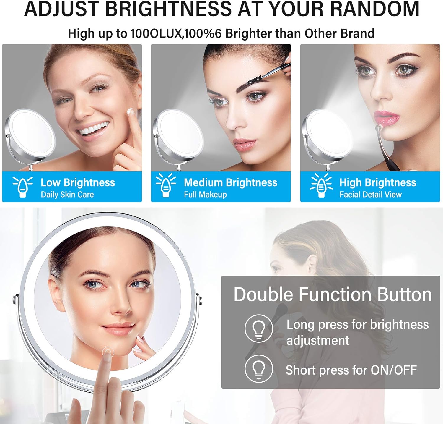 AMZTOLIFE 8" Lighted Makeup Mirror, 10X Makeup Mirror with Lights, Double Sided Dimmable Magnifying Mirror with Light, Rechargeable and Brightness Adjustable, Cordless Vanity Mirror with Lights -