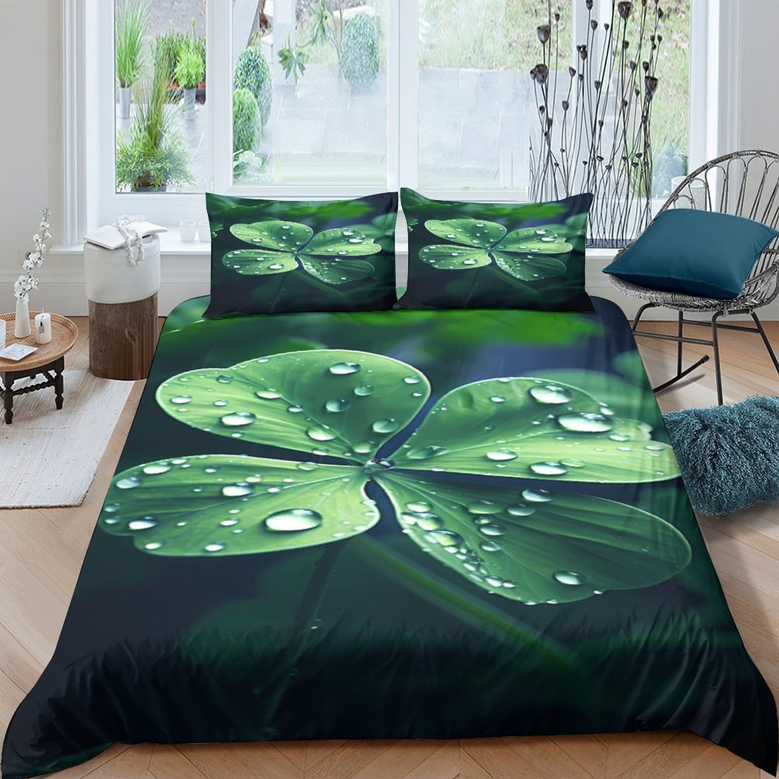 Ctjqhvkz Style-4 3D Printed Clover Leaf Fitted Sheet Microfiber Green Water Drop Bed Cover For Bedroom Guest Room Decor Easy Care Single（135X200cm）