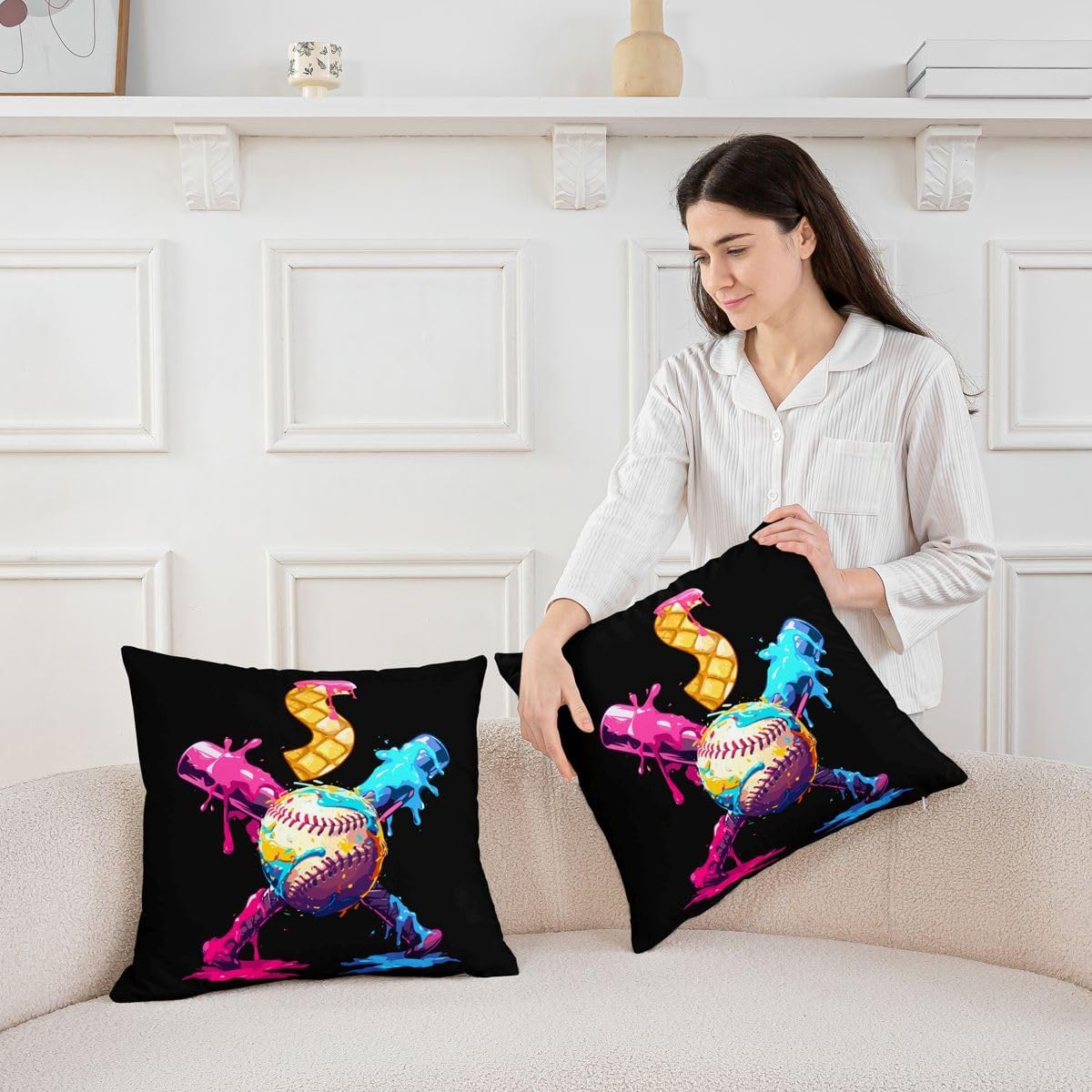 Erosebridal Baseball Letter S Throw Pillow Covers 16x16 Set of 2 Ball Games Ice Cream Cushion Cover Athlete Competitive Sport Throw Pillow Case for Bed Couch Sofa Personalized Ball Gaming Home Decor image 3