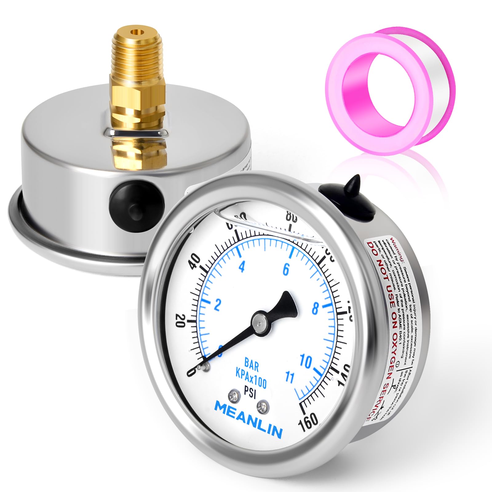 MEANLIN MEASURE 0~160Psi Glycerin Filled 1/4" NPT 2.5" FACE DIAL Stainless Steel Liquid Filled Pressure Gauge WOG Water Oil Gas Center Back Mount