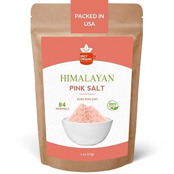 SPICY ORGANIC Pink Himalayan Salt 4 oz 113gm Fine Ground Crystals | Authentic Unrefined Mineral Salt | 80+ Natural Trace Minerals | USDA Organic, Kosher, Non-GMO | Gourmet Seasoning for Cooking, Baking & Table Use