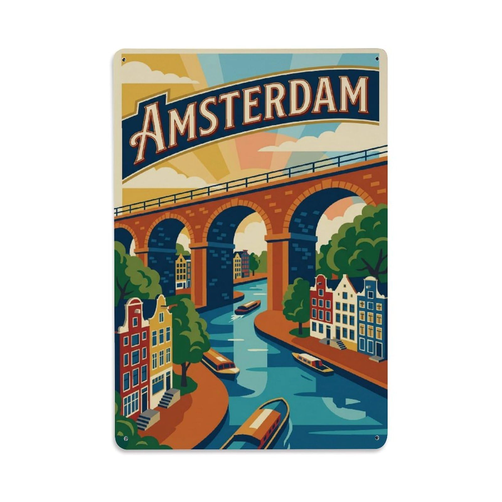 Okngb Style Viaduct Retro Waterway Amsterdam Travel Route Canal Metal Tin Sign Plaque Wall Decor For Cafe, Man Cave, Club Bar, Office, Home Garden Round Metal Poster 8X12inch