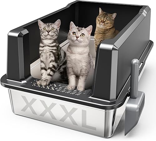 Miniatura 18 de Caja de arena cerrada de acero inoxidable para gatos con tapa, caja de arena extra grande XL para gatos grandes, bandeja de arena de metal de lado