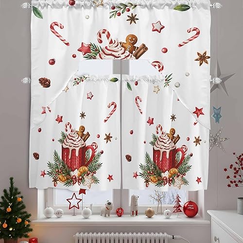 Miniatura 10 de Juego de 3 cortinas de cocina con festón rosa y negro, 3 piezas con bolsillo para barra, cortinas para dormitorio, sala de estar, baño, ventanas,