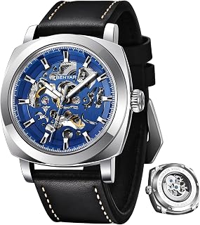 BENYAR Men's Mechanical Automatic Watch | Leather Strap | Gold Movement | 45mm Skeleton Dial | Water Resistant and Scratch Resistant Stylish Gift