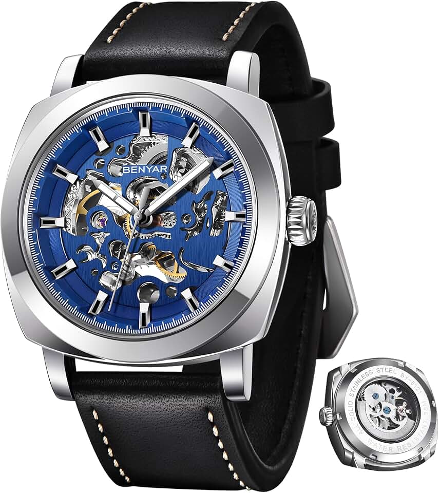 BENYAR Men&#x27;s Mechanical Automatic Watch | Leather Strap | Gold Movement | 45mm Skeleton Dial | Water Resistant and Scratch Resistant Stylish Gift