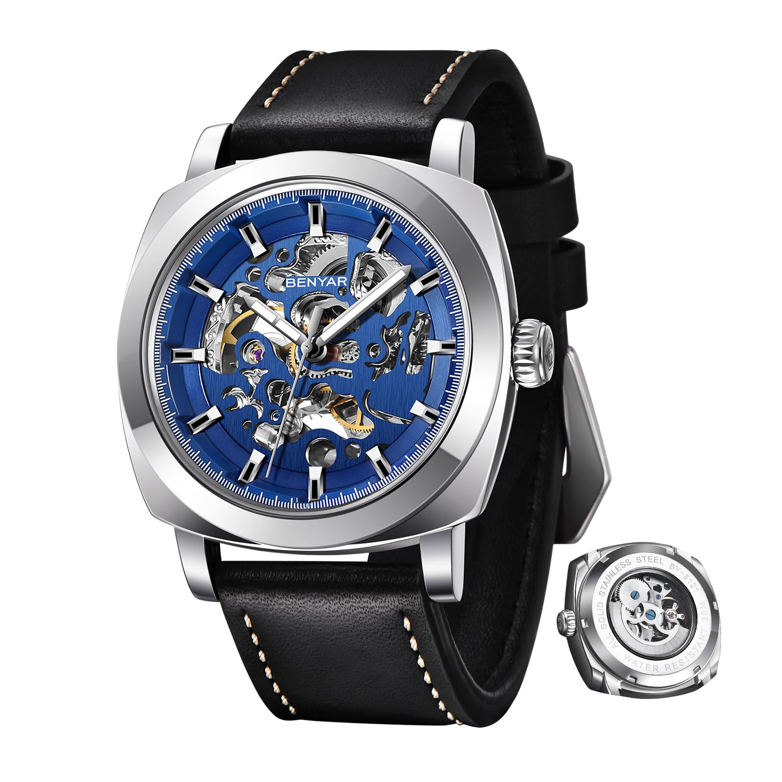 BENYAR - Orologio da uomo meccanico automatico, cinturino in pelle, movimento dorato, quadrante scheletro da 45 mm, resistente all'acqua e ai graffi, elegante regalo da uomo