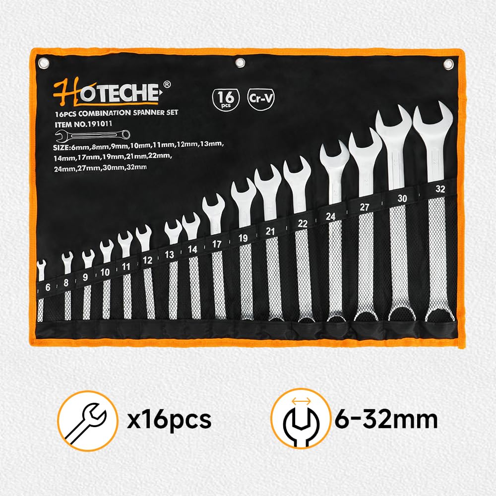 Hoteche 16-teiliges Ringmaulschlüssel Set, Cr-V Chrom, 6-32mm, mit Rolltasche