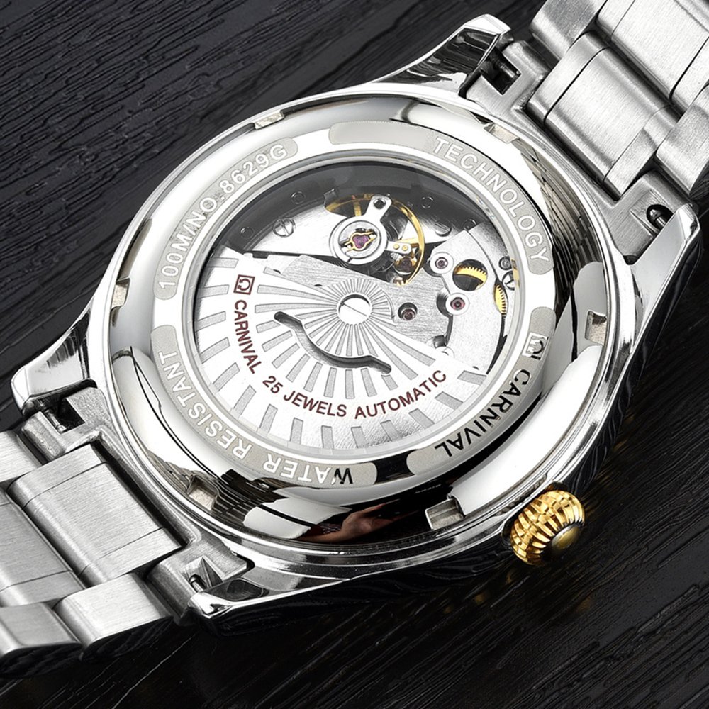 Carnaval para hombre Diamante Dial Automático Oro y Plata Sapphire resistente al agua hombres de acero inoxidable negro reloj
