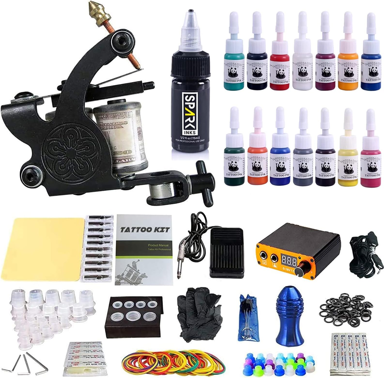 Tattoo Complete Starter Tattoo Kit 1 Pro Machine Guns 14 Inks Power Supply tattoo kits for beginners Foot Pedal Needles Grips Tips ANDNICE