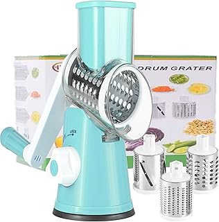 YOLEANSON Rallador giratorio de queso, mandolina de cocina, cortador de verduras con cortador de nueces con mango y hoja de tambor para queso, 3 cuchillas intercambiables, verduras, nueces (azul