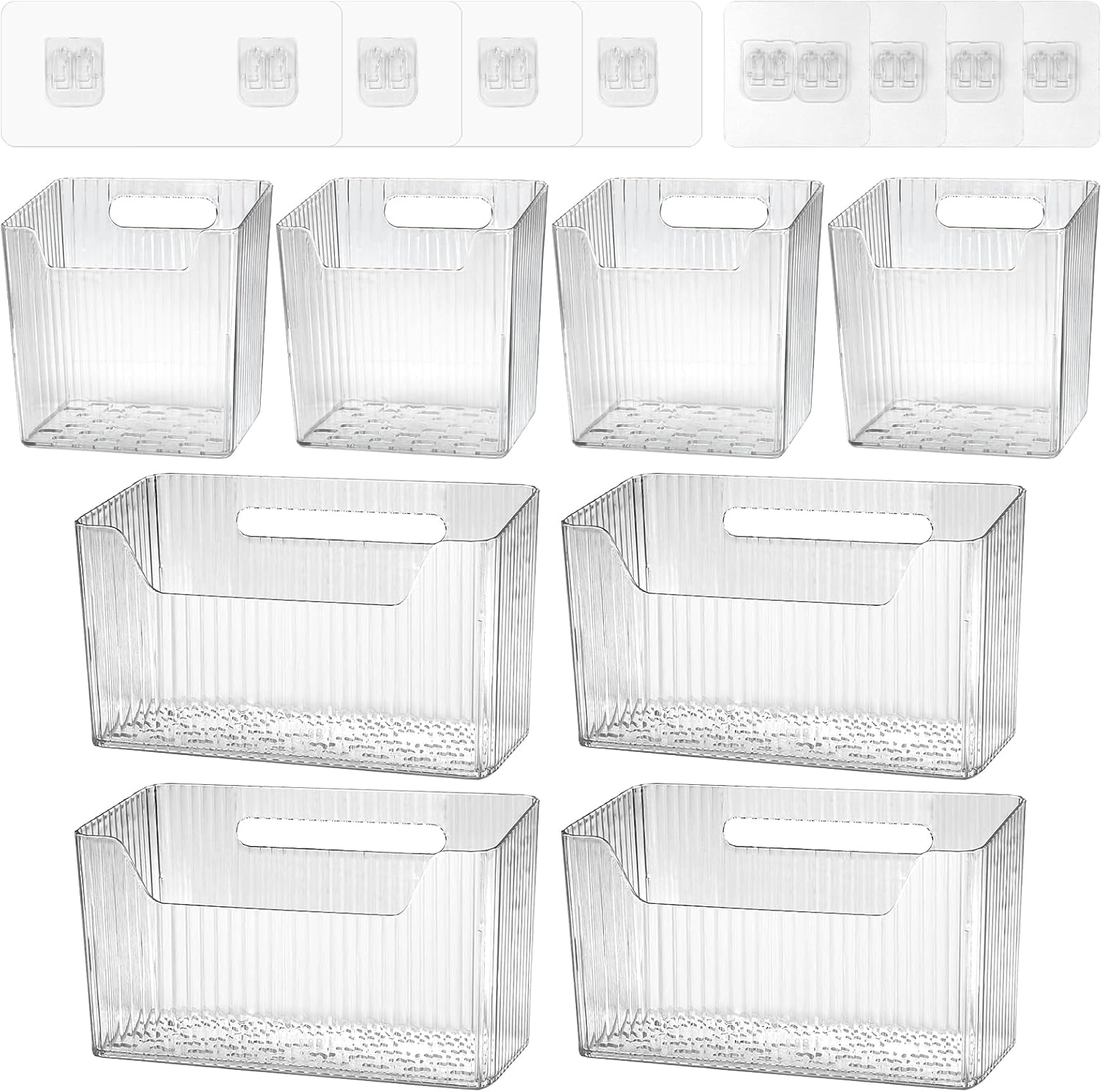 8 Pcs Storage Organizer Bins - Wall Mounted Basket in 2 Sizes, Clear Cabinet Door Stackable Adhesive Hanging Bin for Bathroom, Kitchen, Pantry