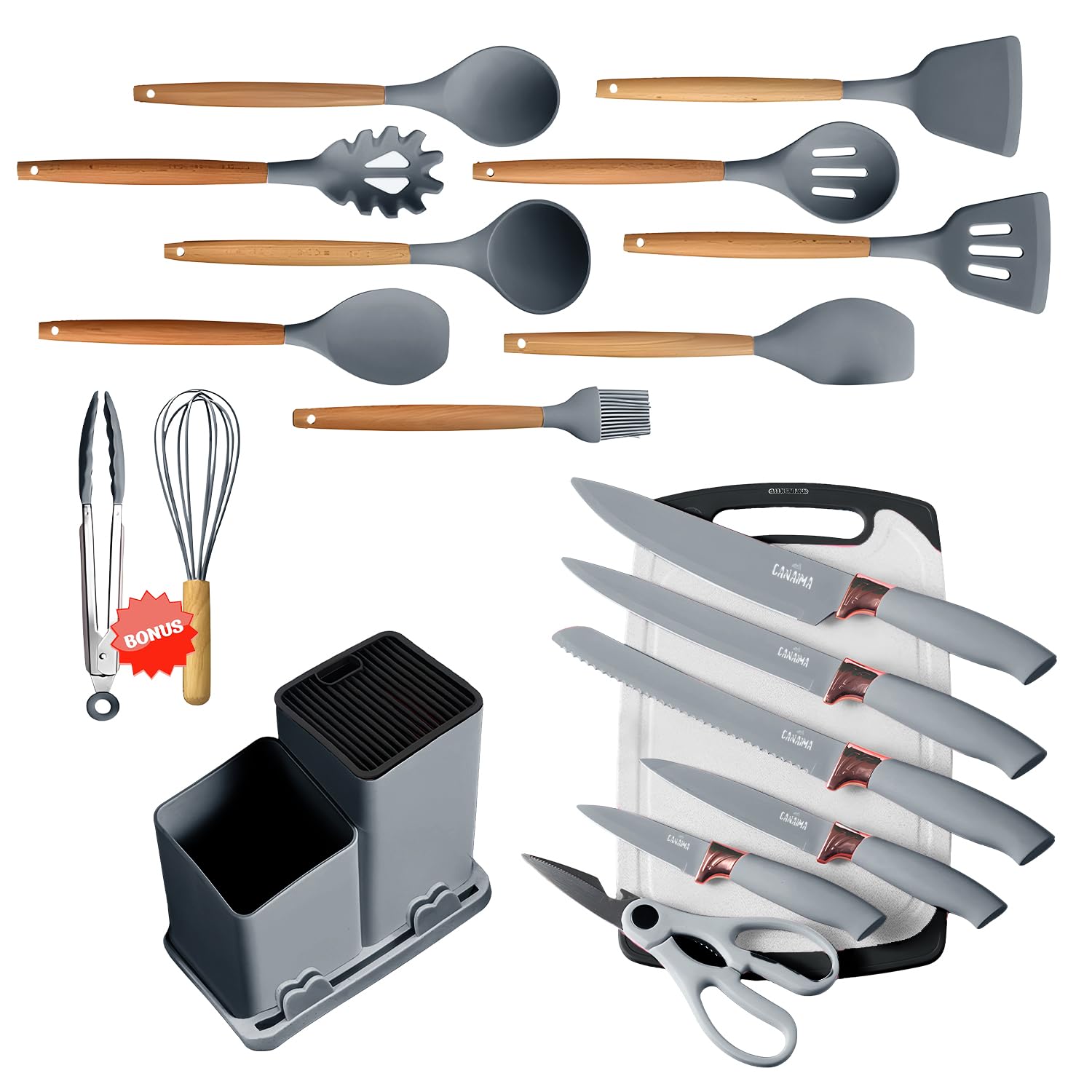 CANAIMA 19-Piece Kitchen Knife & Utensils Set w/Holder Rack and Cutting Board - Complete, Durable, & Versatile Cooking Solution for Professional Results - Knife Set for Meat Fruits Veggies (Gray)
