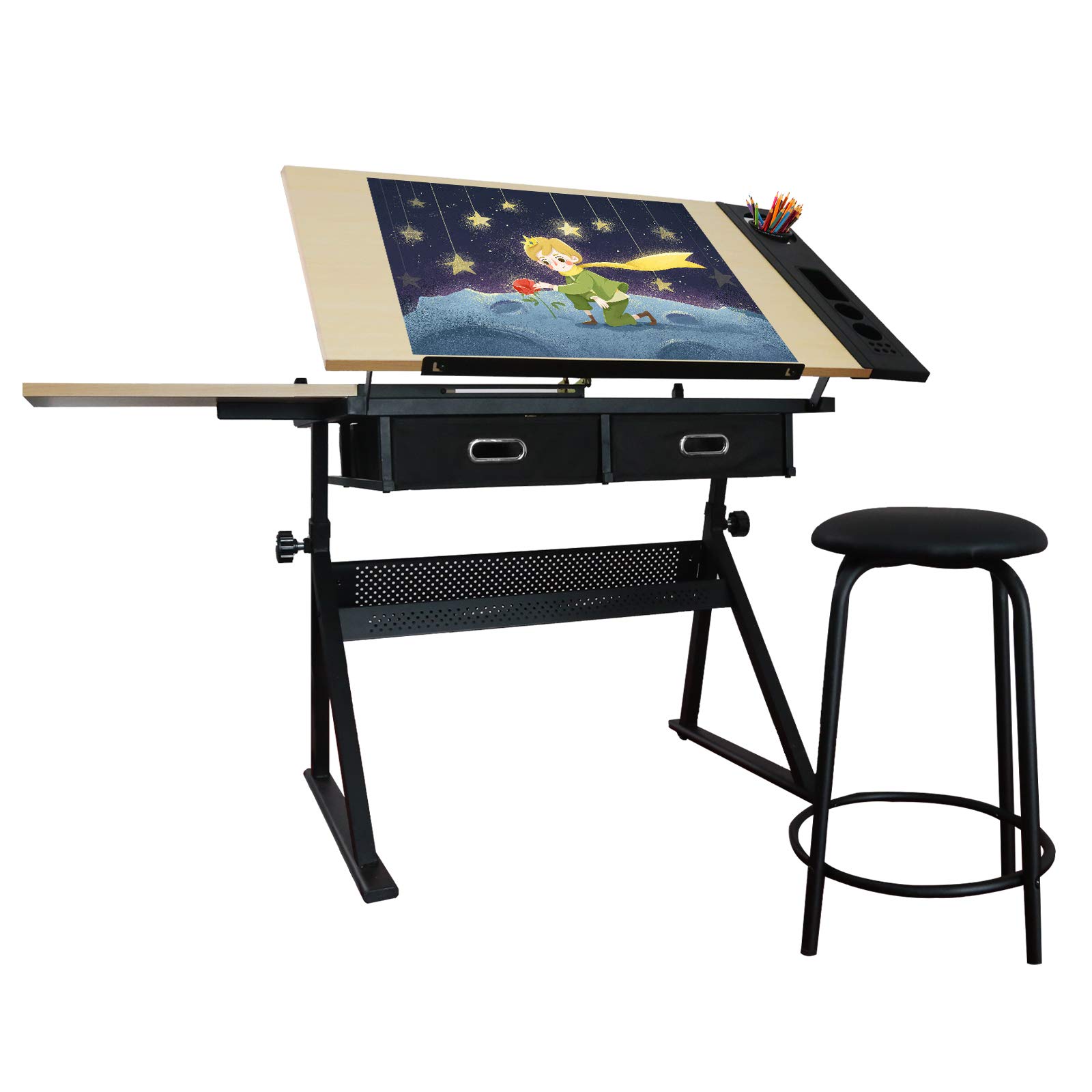 MIADOMODO® Mesa de Dibujo - Reclinable, con Taburete, Ruedas, 2 Cajones - Escritorio con Cajones, Mesa de Escritorio, Mesa Elevable, Mesa con Ruedas, Tablero Escritorio, Mesa Multifuncional