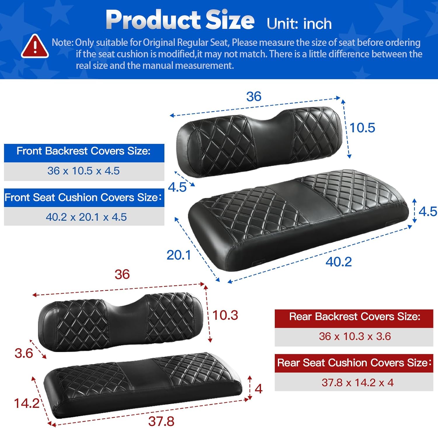 NOKINS 4PCS Golf Cart Diamond Seat Covers Kit, Front&Rear Seat Covers Fits EZGO TXT 1994-2013/EZGO RXV Standard Seat Cushion, EZGO Vinyl Seat Cover Accessories, No Staples(Black&Black Stitch)