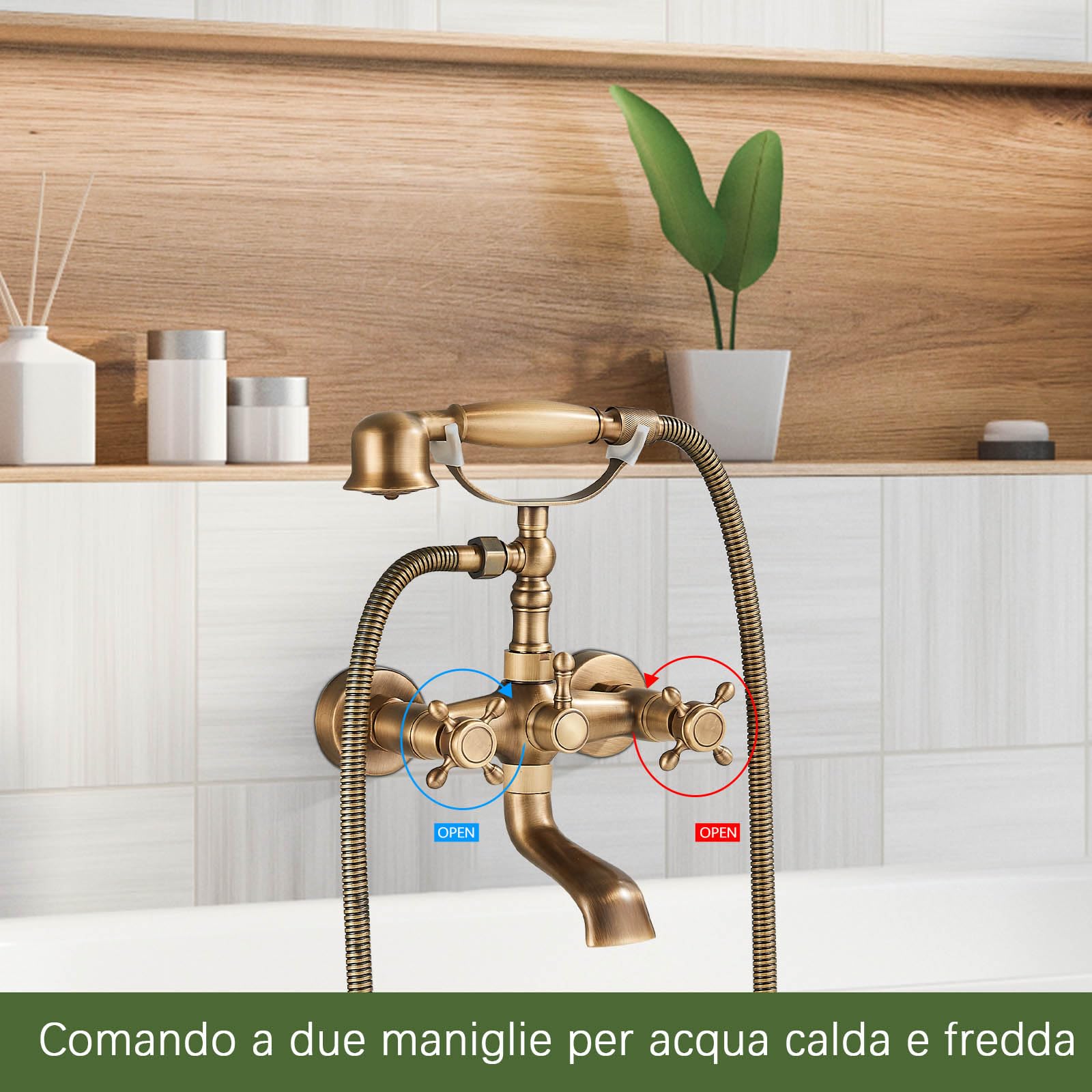 Rubinetto Vasca Da Bagno con Doccetta, Miscelatore Vasca da Bagno con Tubo Doccia da 1,5 m, Antico Vintage Rubinetto a Parete per Doccia Set Doccia, Ottone