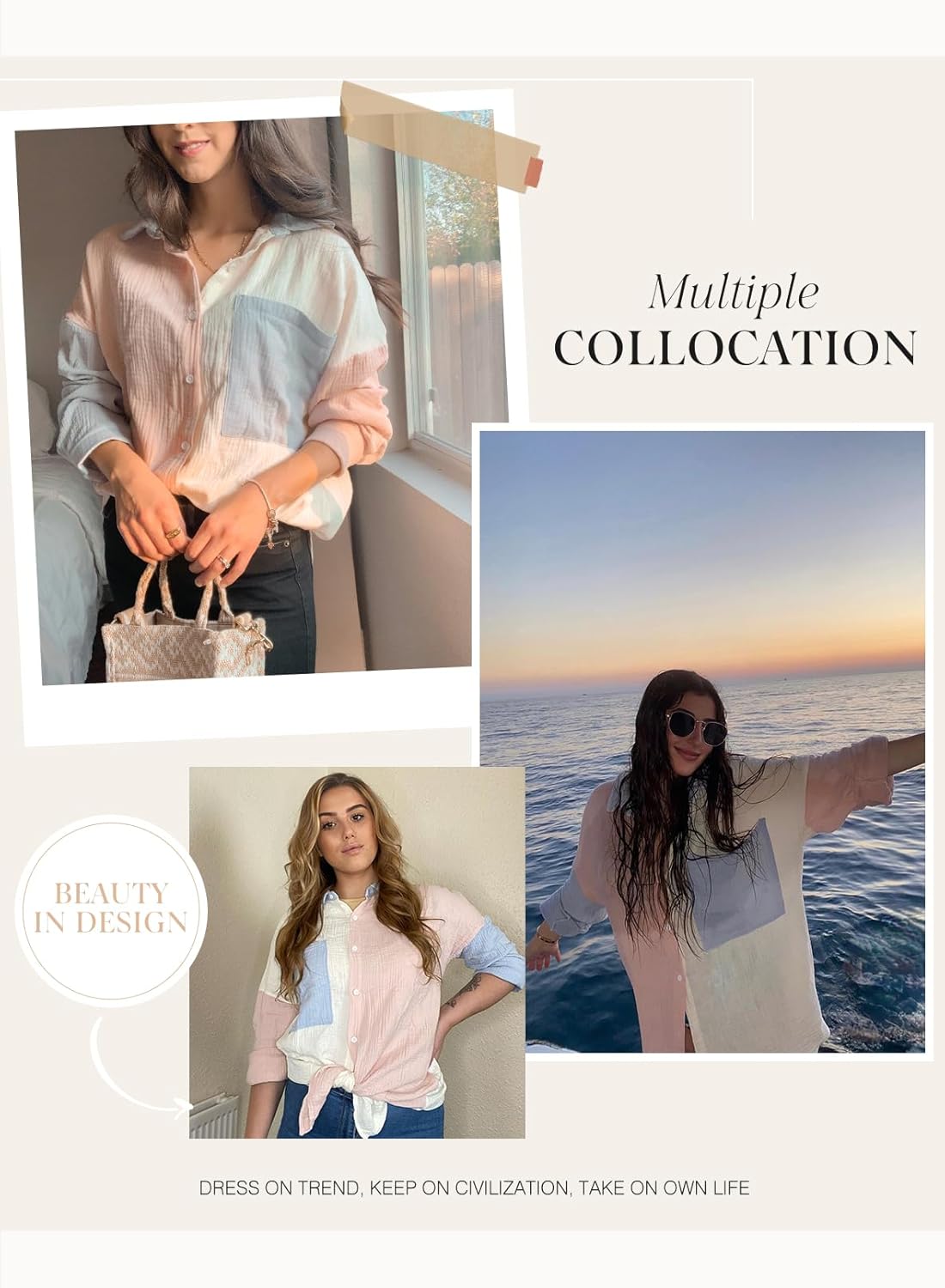 Dokotoo Womens Color Block Button Down Shirts Long Sleeve Oversized Boyfriend Blouses Tops - Image 6